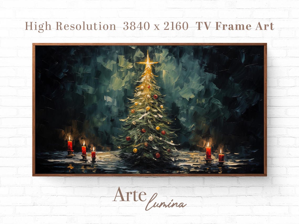 Impasto Christmas Tree With Glowing Star And Red Candles Night Poster