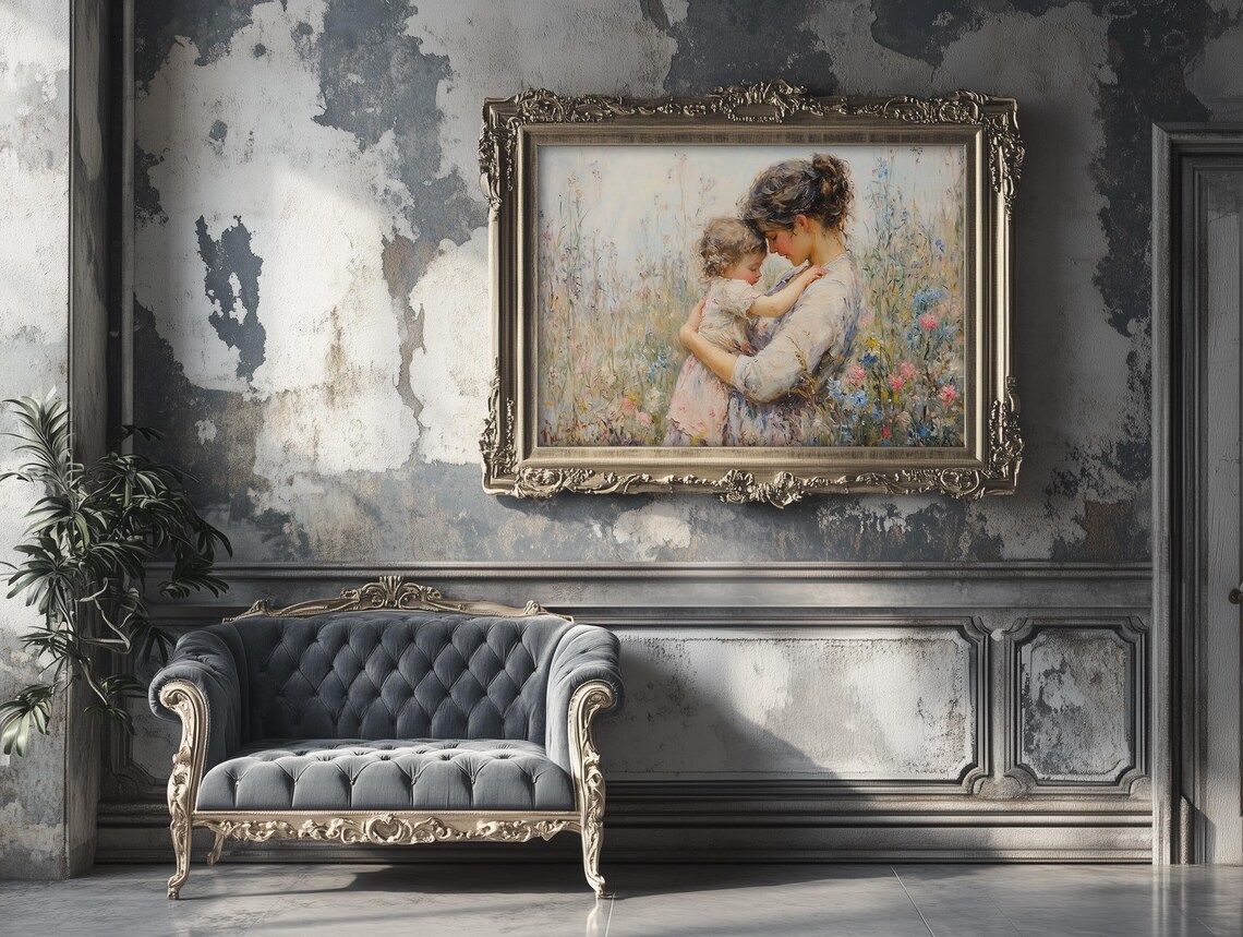 Mother Embracing Young Daughter In Blooming Wildflower Meadow Poster - Image 5