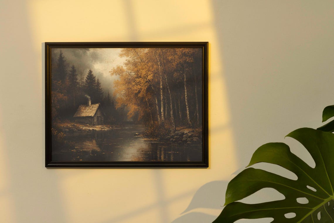 Rustic Autumn Stone Cottage Beside a Golden Forest River Poster - Image 2