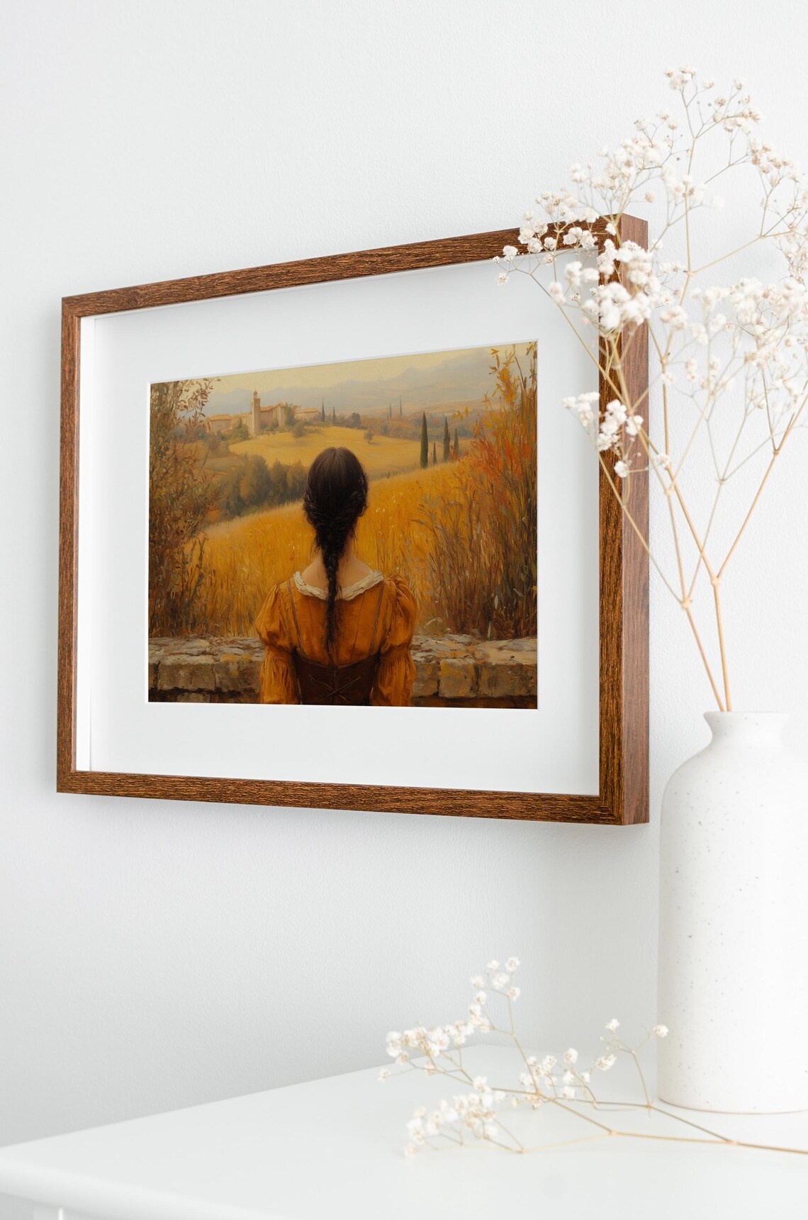 Woman in Amber Dress Overlooking Golden Tuscan Hillside Poster - Image 3
