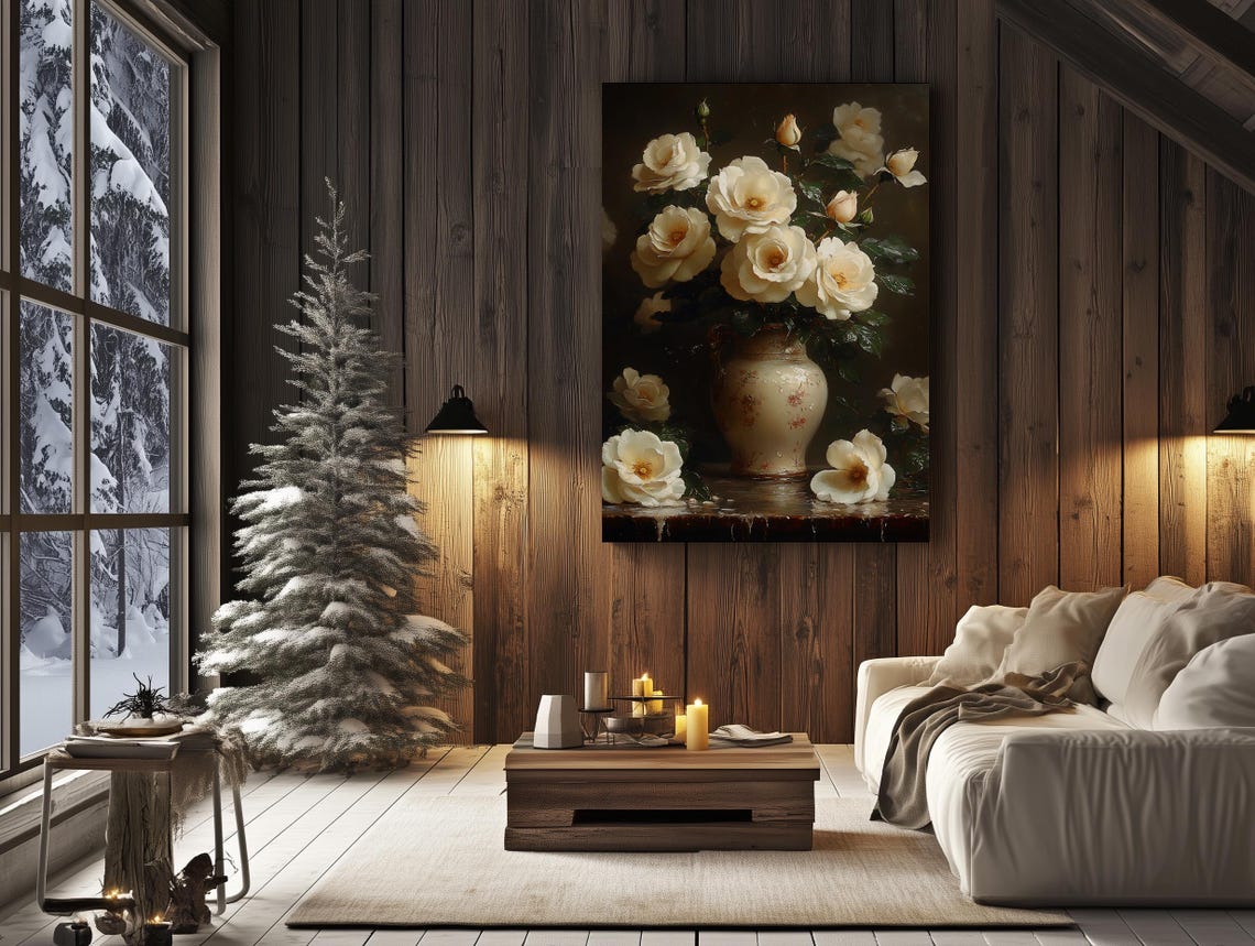 Elegant Creamy White Roses in a Patterned Porcelain Vase Poster - Image 3
