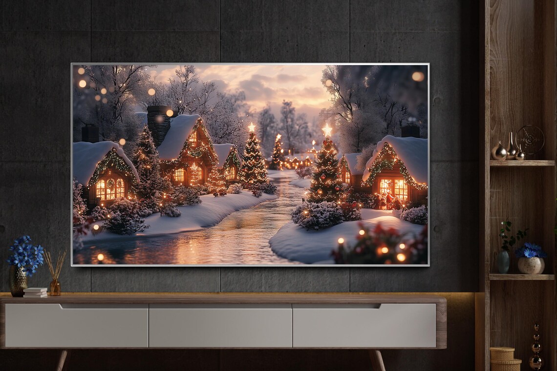 Snowy Christmas Village Cottages Along Frozen Canal At Dusk Art Poster - Image 7
