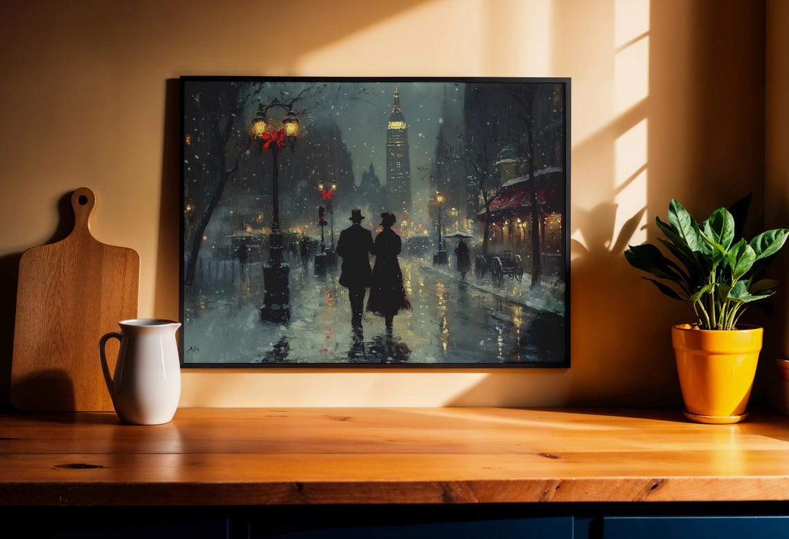 Romantic Snowy New York Street at Night Holiday Cityscape Poster - Image 2