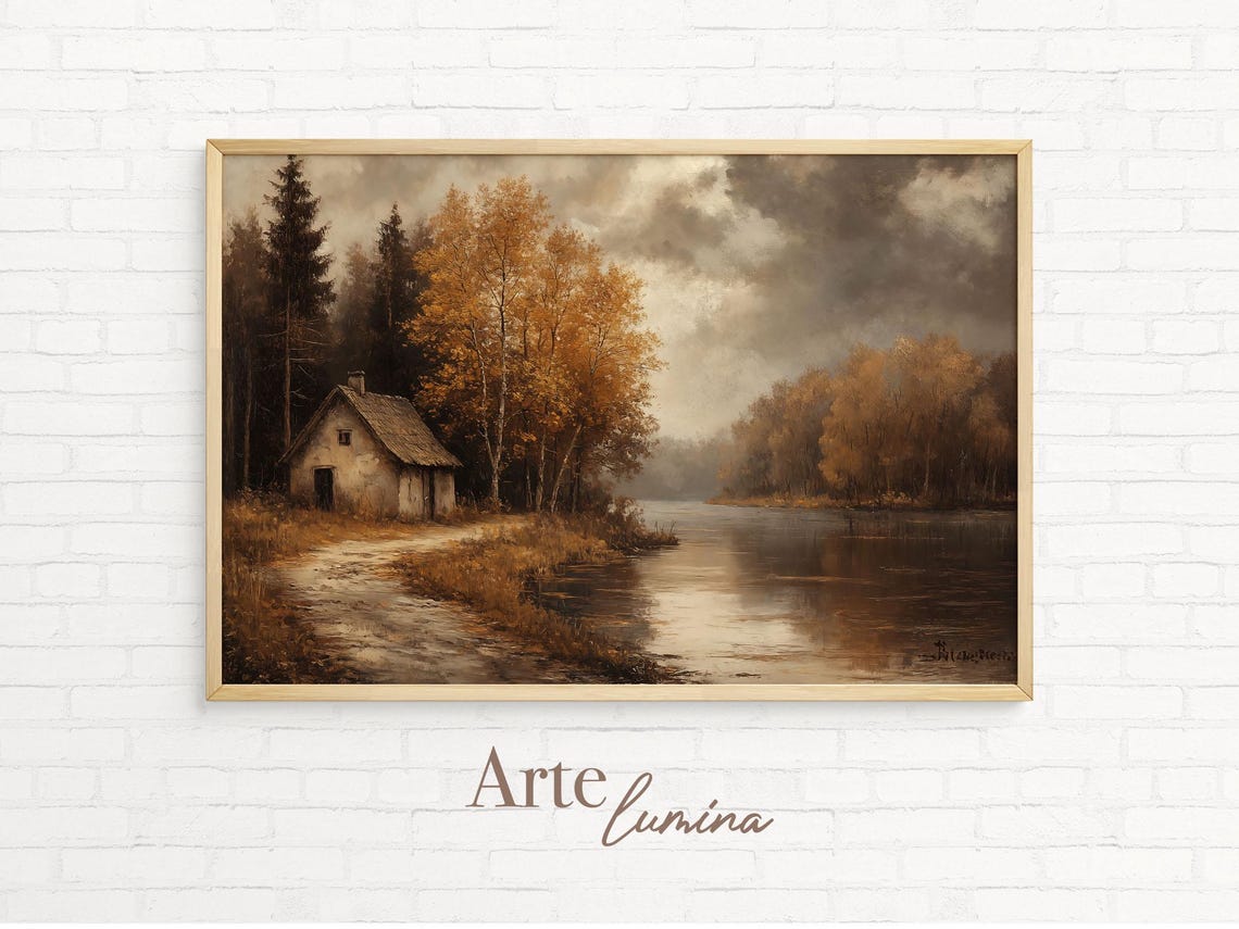 Rustic Cottage By Autumn Lake With Muddy Path Under Cloudy Sky Poster - Image 7
