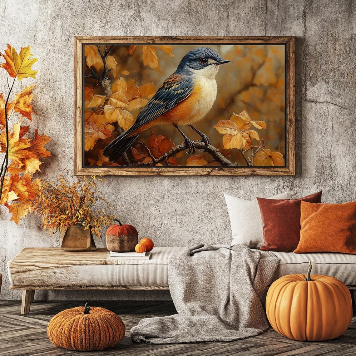 Blue And Orange Songbird On Autumn Branch Among Golden Leaves Poster - Image 6