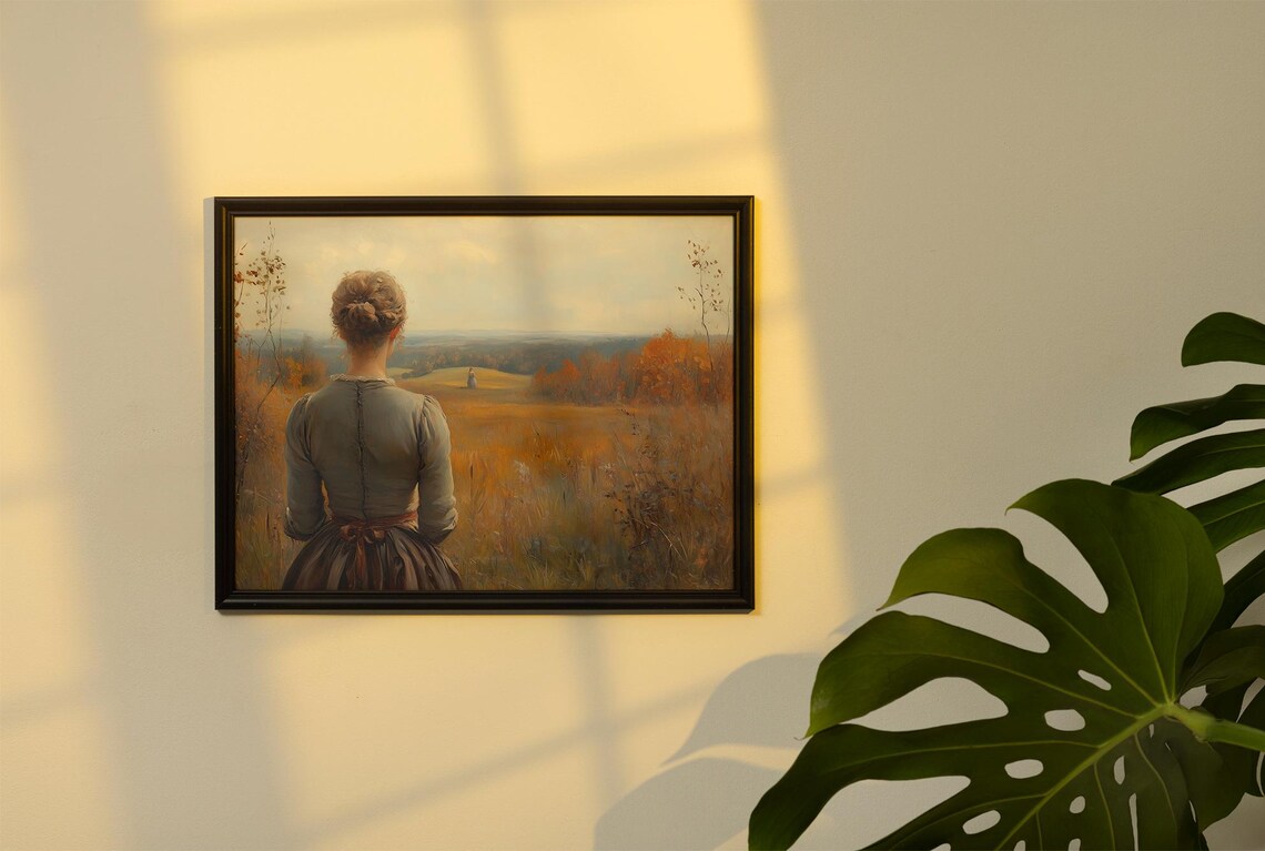 Woman Overlooking Golden Autumn Field With Distant Hill Figure Art Poster - Image 4
