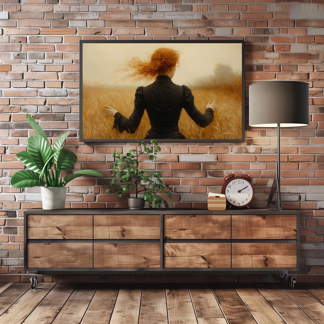 Red Haired Woman In Black Dress Walking Through Wheat Field Art Poster - Image 5