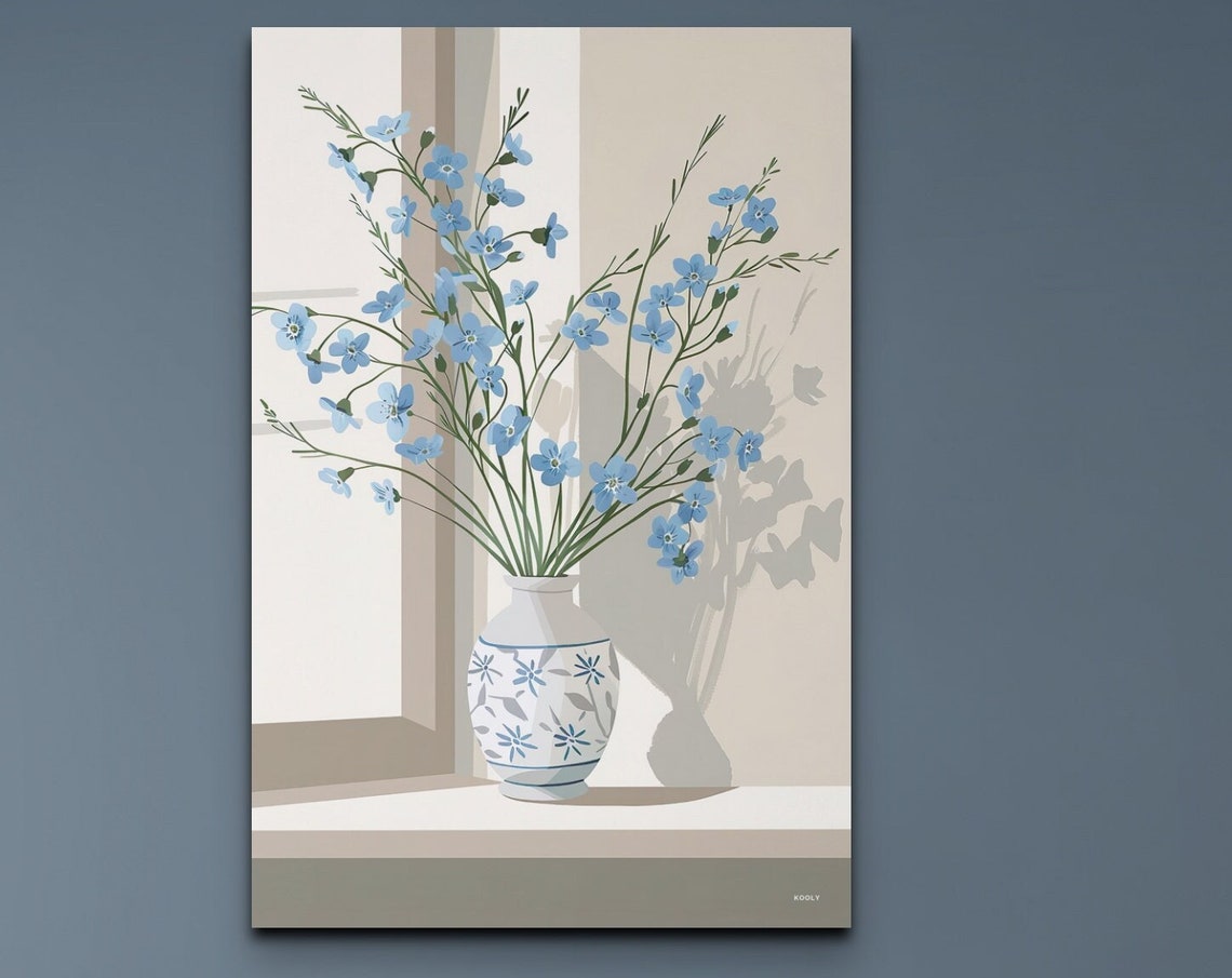 Blue Flowers in Patterned Vase by Sunlit Window Minimalist Art Poster