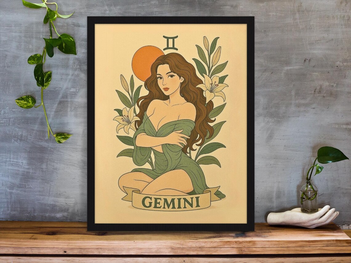 Gemini Zodiac Sign Woman Lilies Botanical Astrology Star Poster