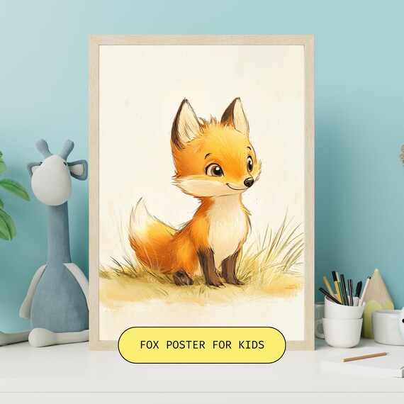 Sweet Orange Fox Kit Sitting in Tall Golden Grass Nursery Poster