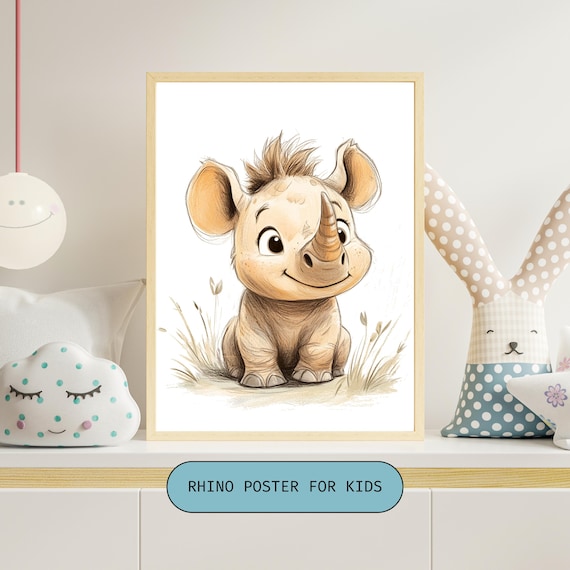 Adorable Baby Rhino Nursery Poster with Gentle Watercolor Wildlife Art