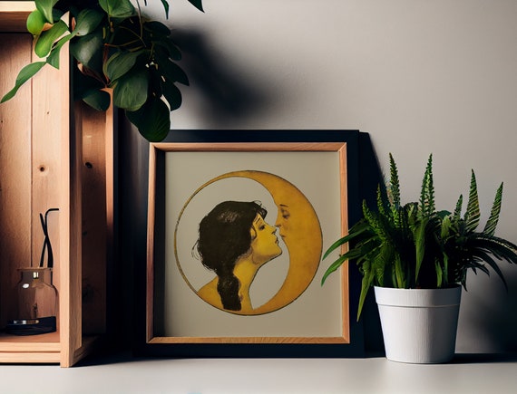 Woman Kissing Moon Goddess, Art Nouveau Moon Print