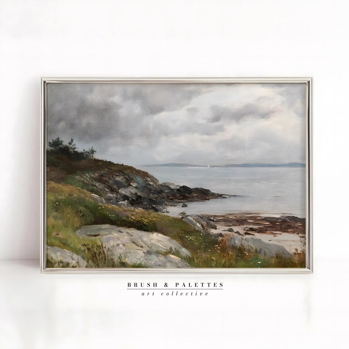 Vintage Rocky Coast Painting Seaside Cliff Landscape Wall Poster