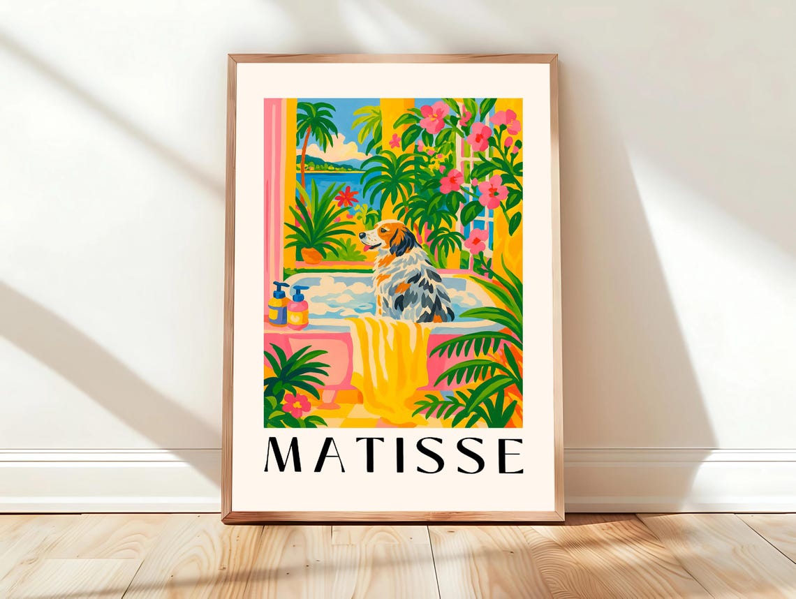 Australian Shepherd In Bathtub Matisse Style Bubble Bath Poster