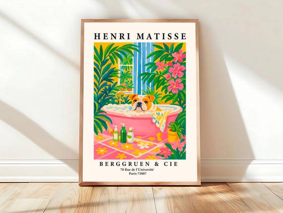 English Bulldog In Bathtub Funny Bathroom Wall Art Dopamine Decor Dog Poster Henri Matisse Tropical Maximalist