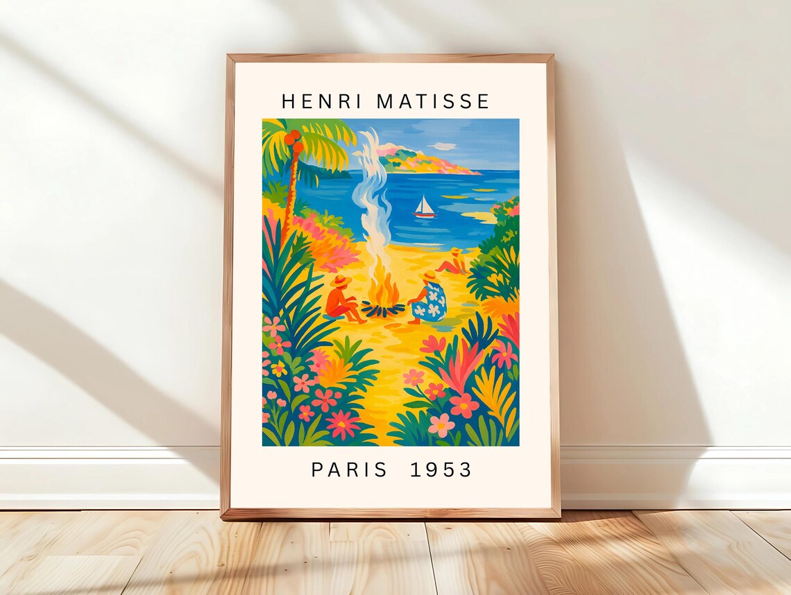 Henri Matisse Beach Bonfire Tropical Sunset Sailboat Scene Poster