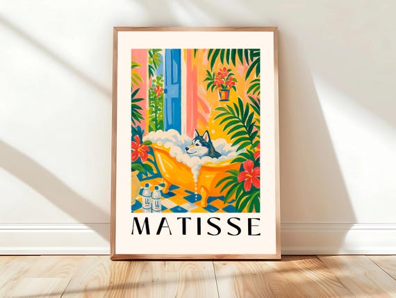 Husky Art Print Pink Bathroom Wall Matisse Gift For Dog Lovers Poster Dopamine Decor