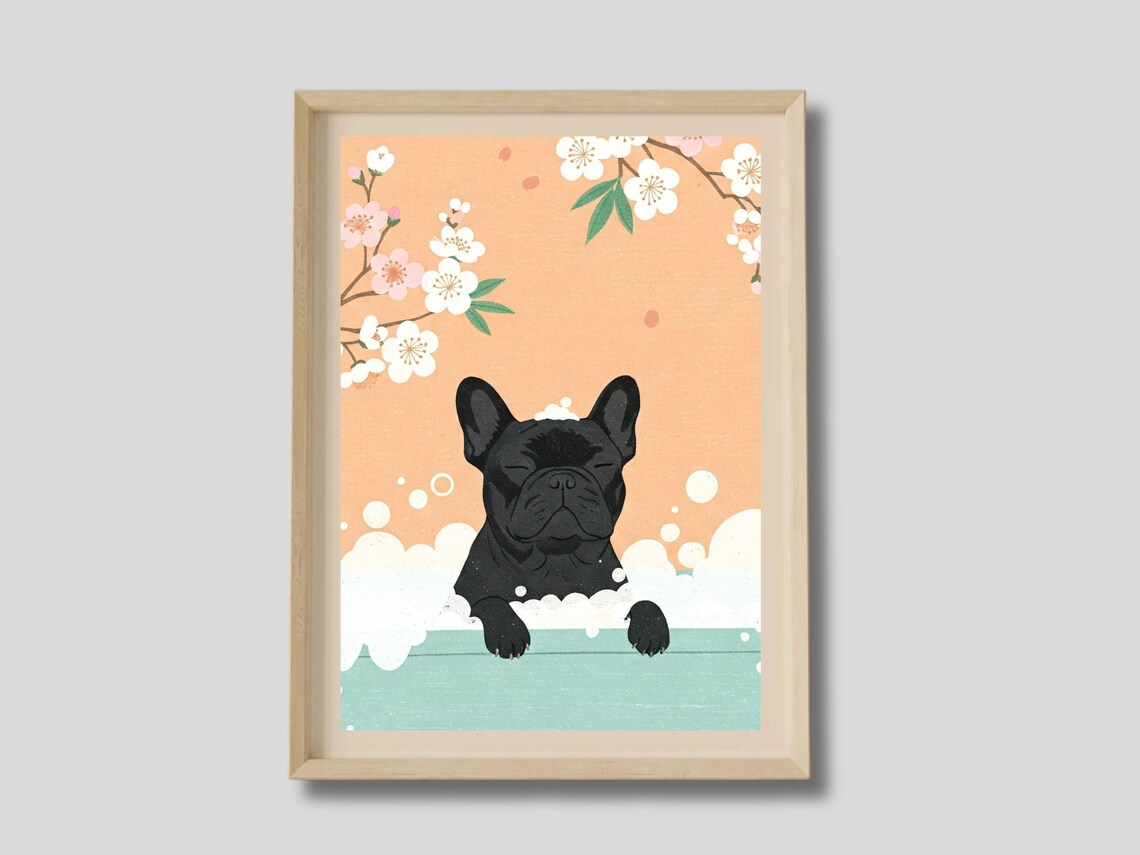 Cute Black French Bulldog Bubble Bath Cherry Blossom Art Poster