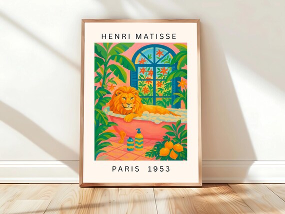 Lion Lounging in Bathtub Matisse Style Safari Bathroom Poster
