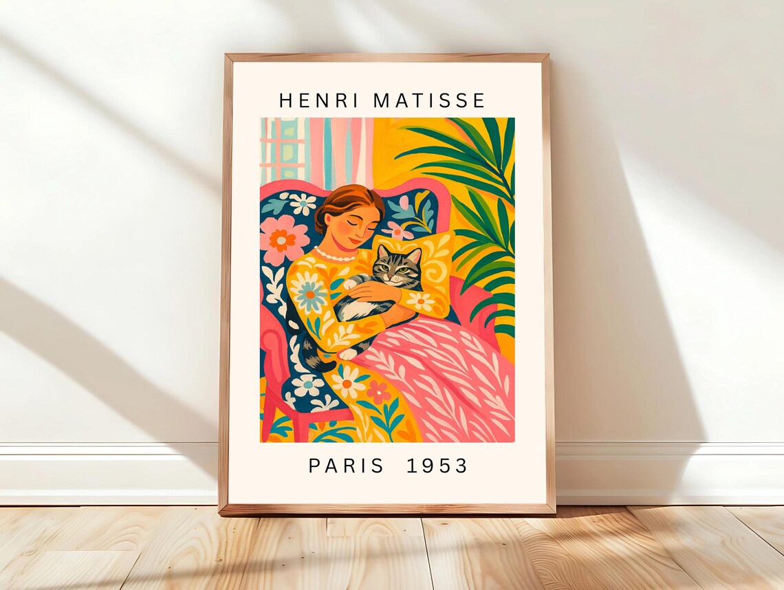 Woman Holding Tabby Cat In Floral Chair Henri Matisse Paris 1953 Poster