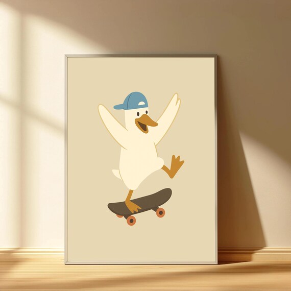 Goose On Skateboard Poster Funny Duck Wall Art Quirky Bird Print Cool Animal Decor For Skaters And Pet Lovers