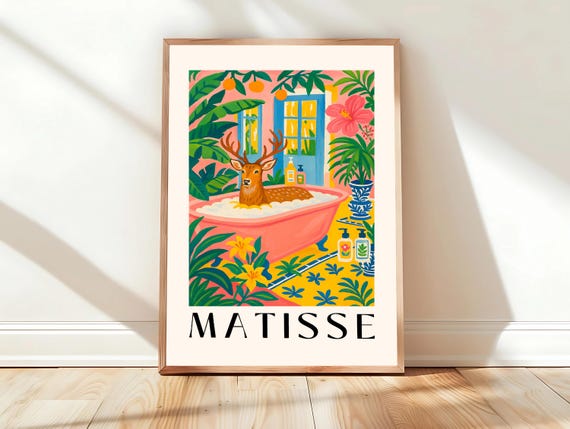 Deer In Bathtub Art Print Mid Century Bathroom Decor Pink Tropical Flowers Wall Matisse Poster