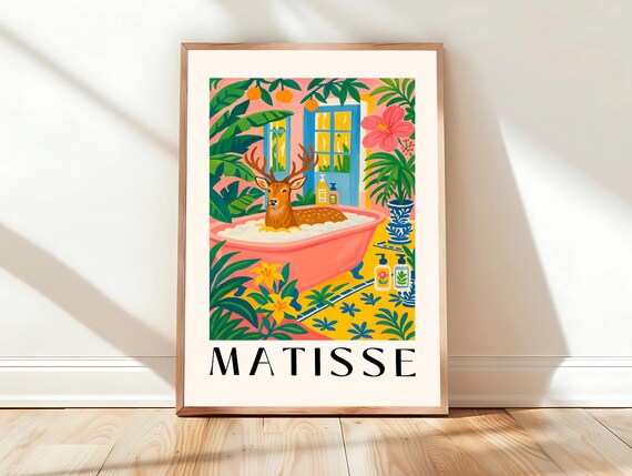 Deer Soaking in Pink Bathtub Matisse Style Tropical Bathroom Poster