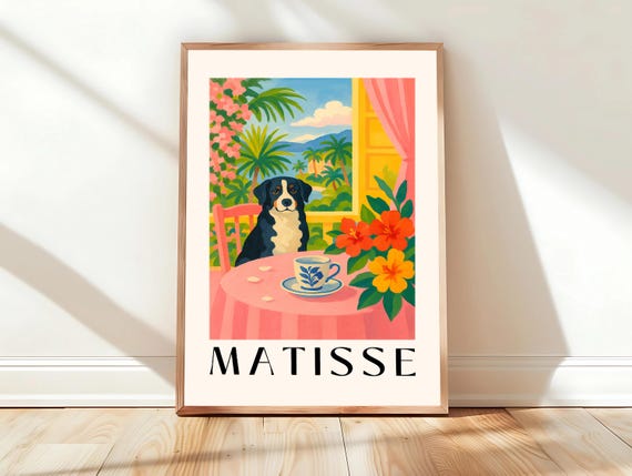 Border Collie Drinking Coffee Poster Funny Kitchen Decor Dog Print Pink Matisse Boho Dining Room Wall Art
