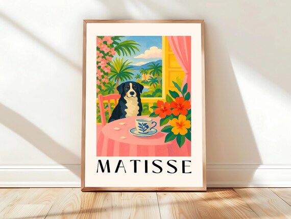 Border Collie Drinking Coffee Tropical Matisse Style Fun Poster