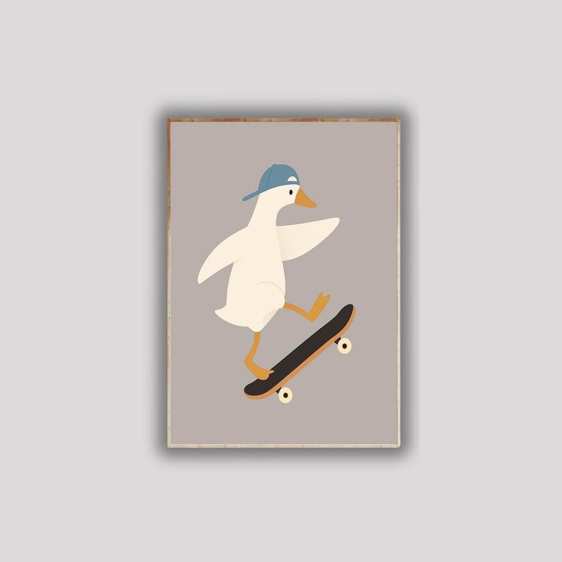 Silly White Goose Riding Skateboard Minimalist Funny Duck Poster