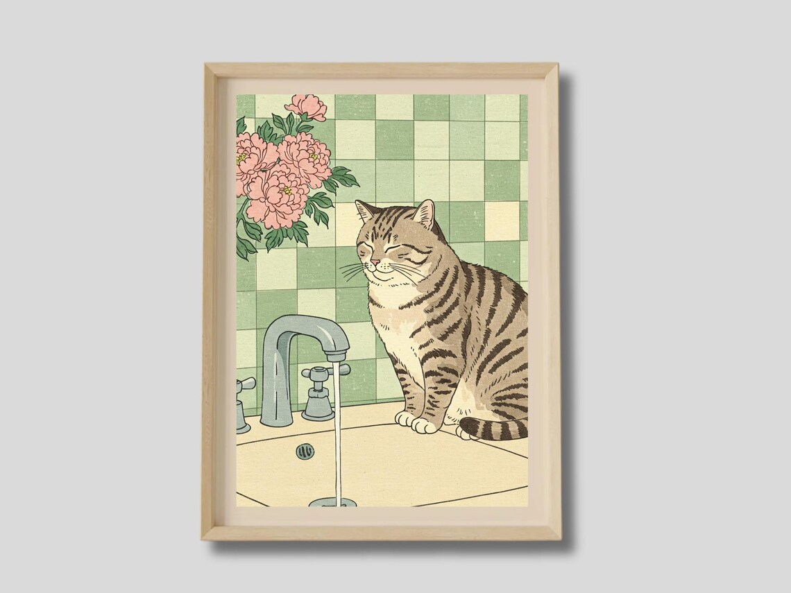 Tabby Cat By Sink With Peony Flowers Japanese Style Bathroom Poster