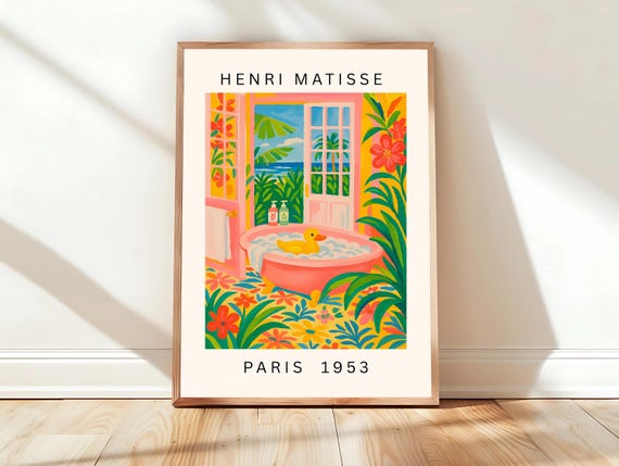 Duck Toy In Bathtub Funny Poster Bathroom Wall Art Pink Farm Decor Cowgirl Matisse Print Bird