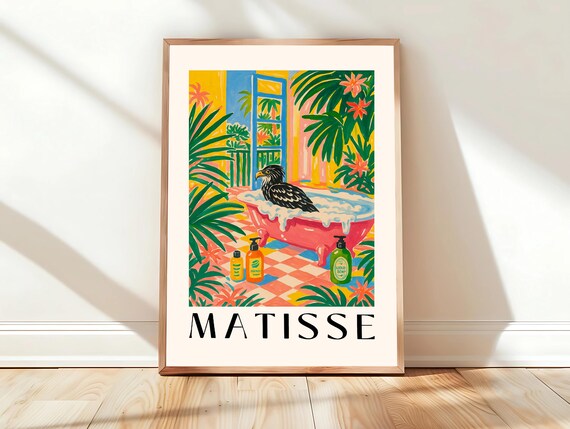 Pink Maximalist Poster Eagle In Bathtub Bird Art Print Funny Bathroom Wall Mid Century Modern