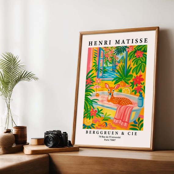 Henri Matisse Art Deer In Bathtub Print Pink Poster Animal Doe Funky Decor Bathroom Wall