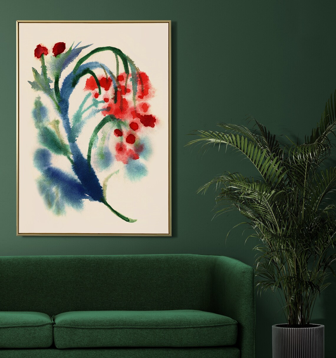 Red Berries Watercolor Blue Green Foliage Loose Botanical Art Poster - Image 4