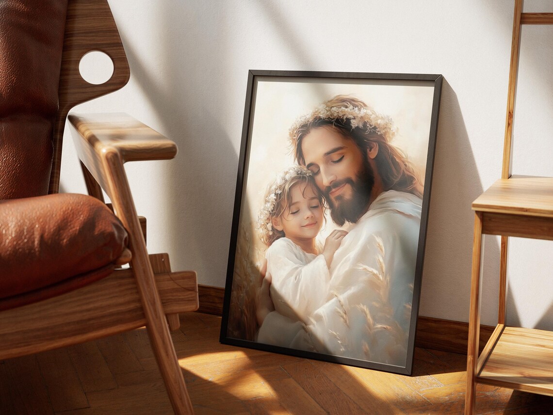 Jesus Christ Hugging Little Girl Flower Crown Wheat Field Art Poster - Image 4