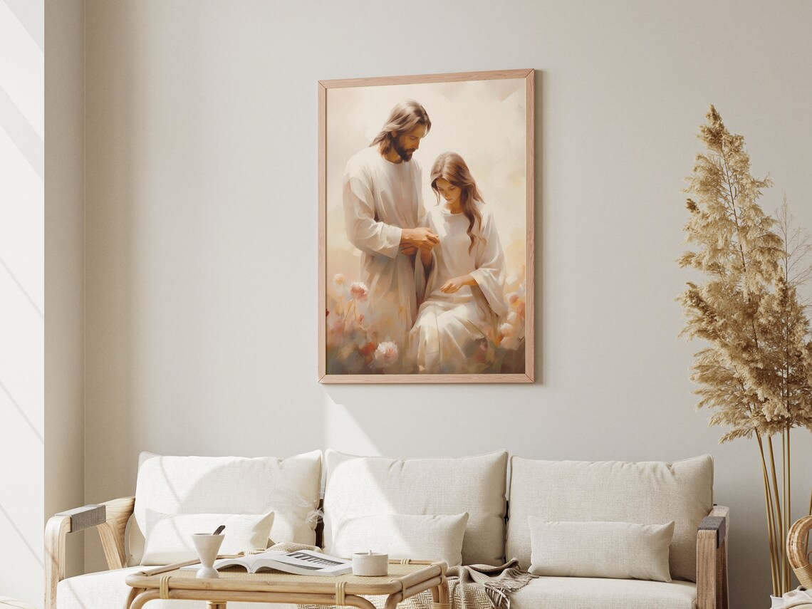 Jesus Comforting Woman in Flower Field Gentle Faith Art Poster - Image 3