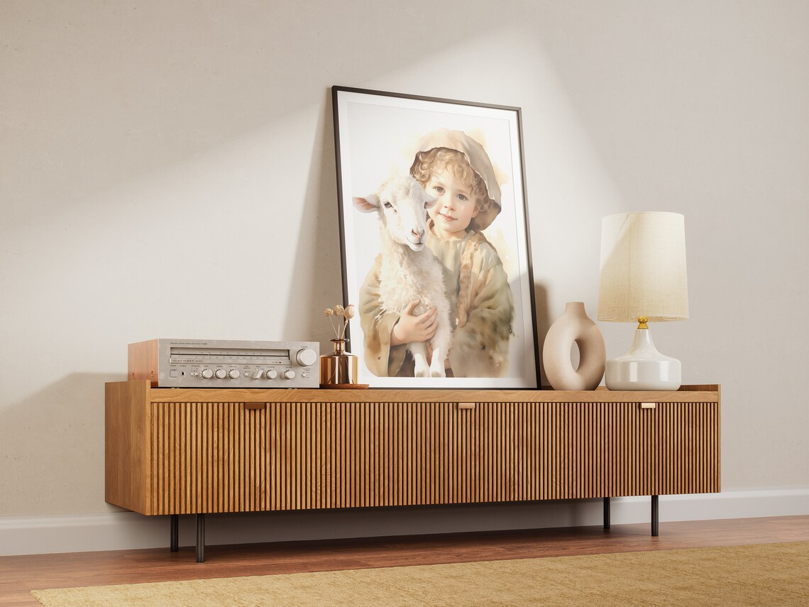 Little Jesus With Lamb Good Shepherd Watercolor Kids Room Art Poster - Image 3