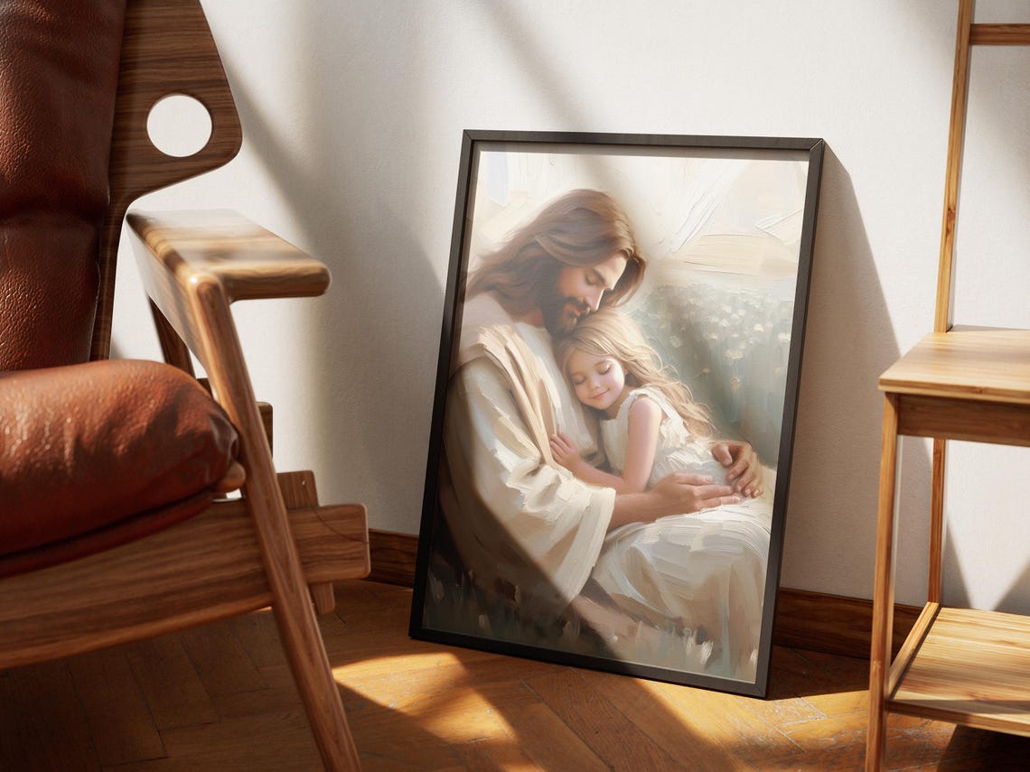 Sweet Sleep Jesus And Little Girl Art Modern Christian Nursery Wall Art Jesus With Children Kids Bible Art Print Lds Painting - Image 2