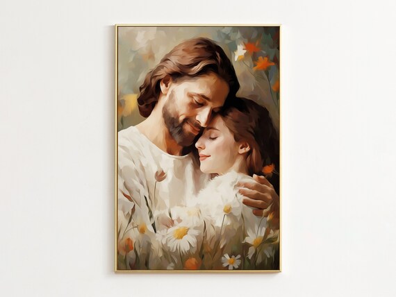 Jesus Embracing Woman Among Wildflowers Painterly Art Poster