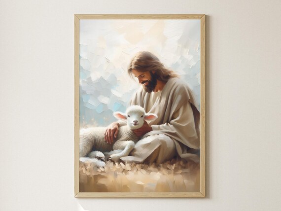 Jesus Kneeling with White Lamb Gentle Christian Oil Art Poster