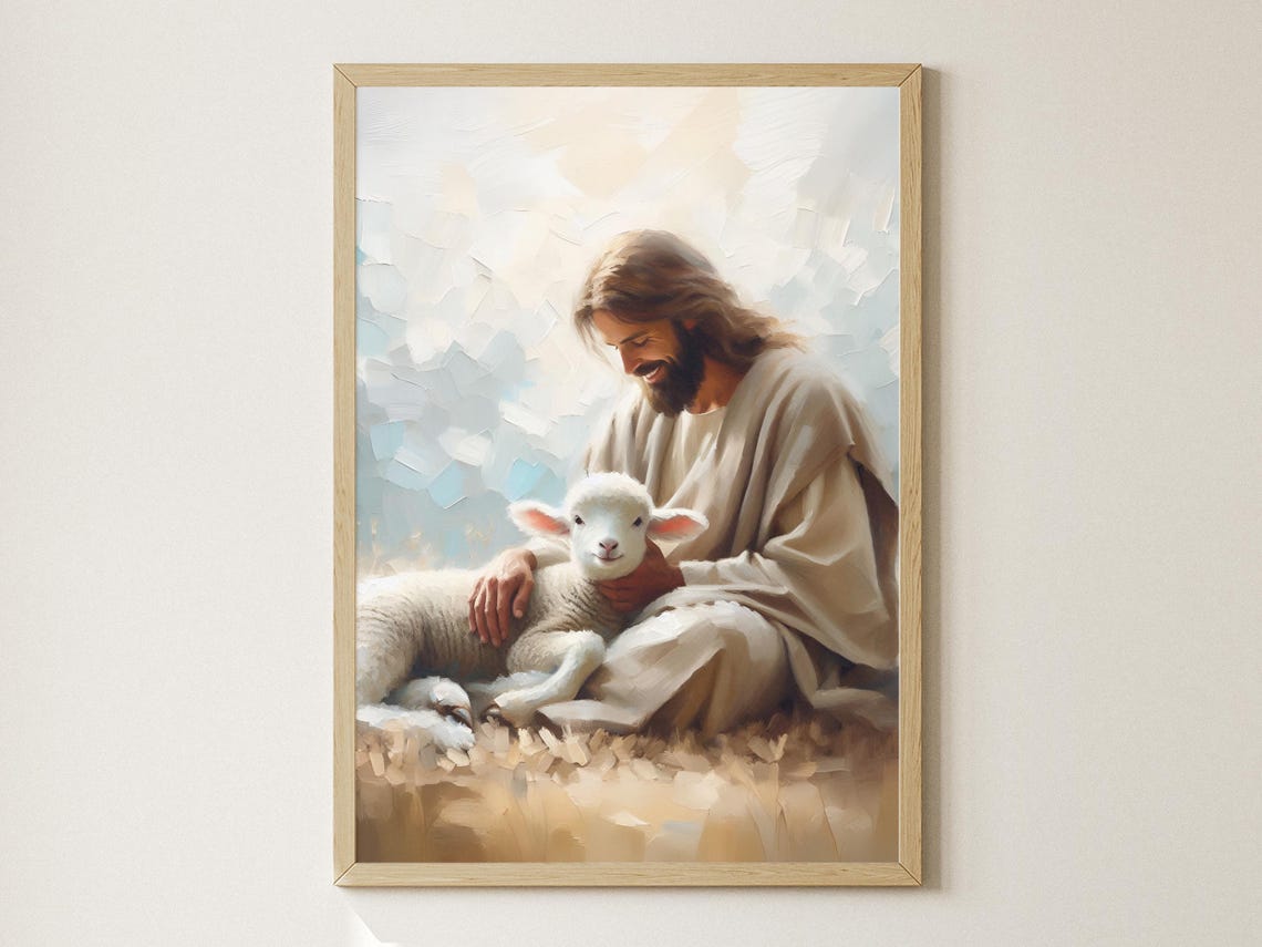Jesus Kneeling with White Lamb Gentle Christian Oil Art Poster