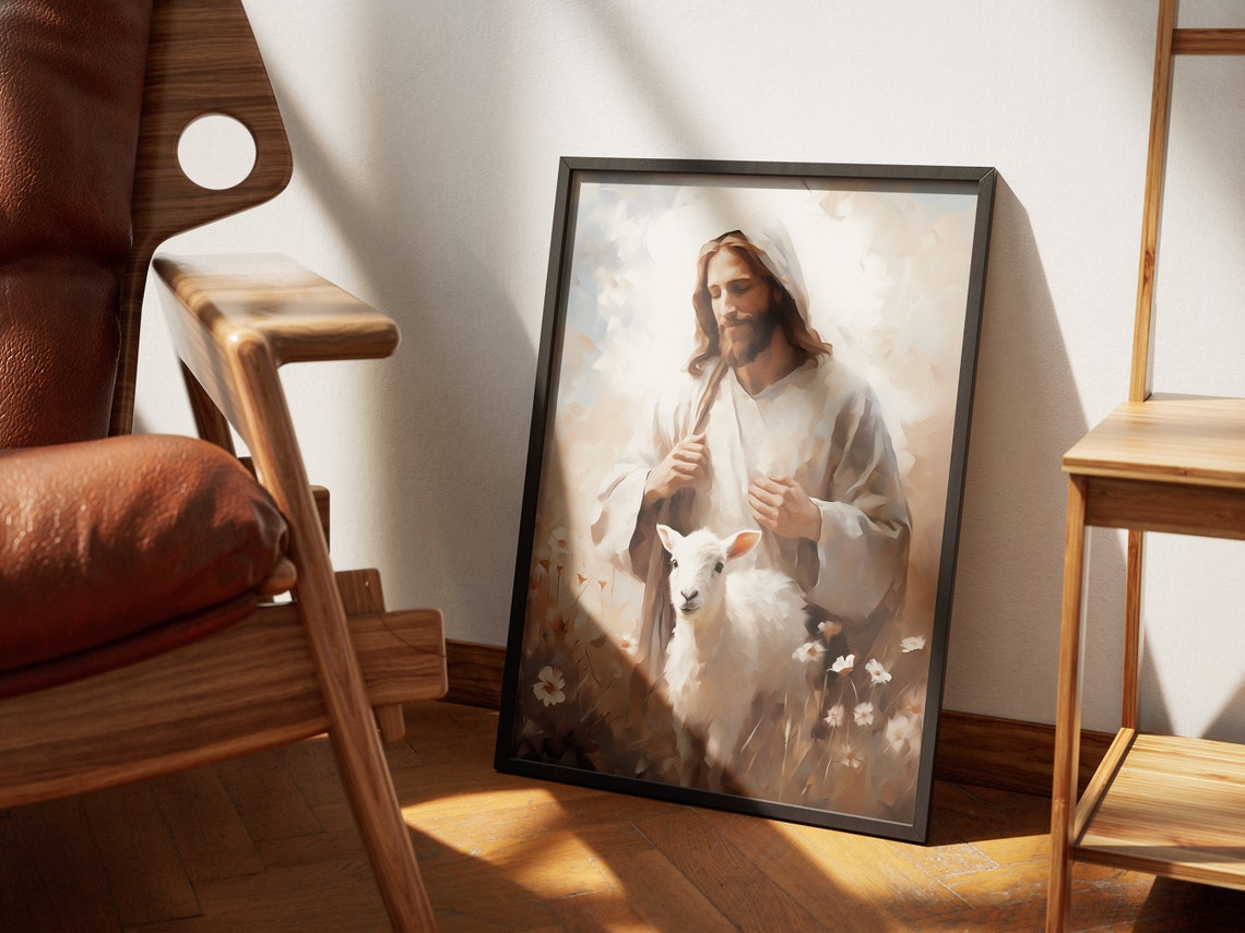 Jesus Christ and Lamb Wildflower Meadow Painterly Christian Art Poster - Image 4