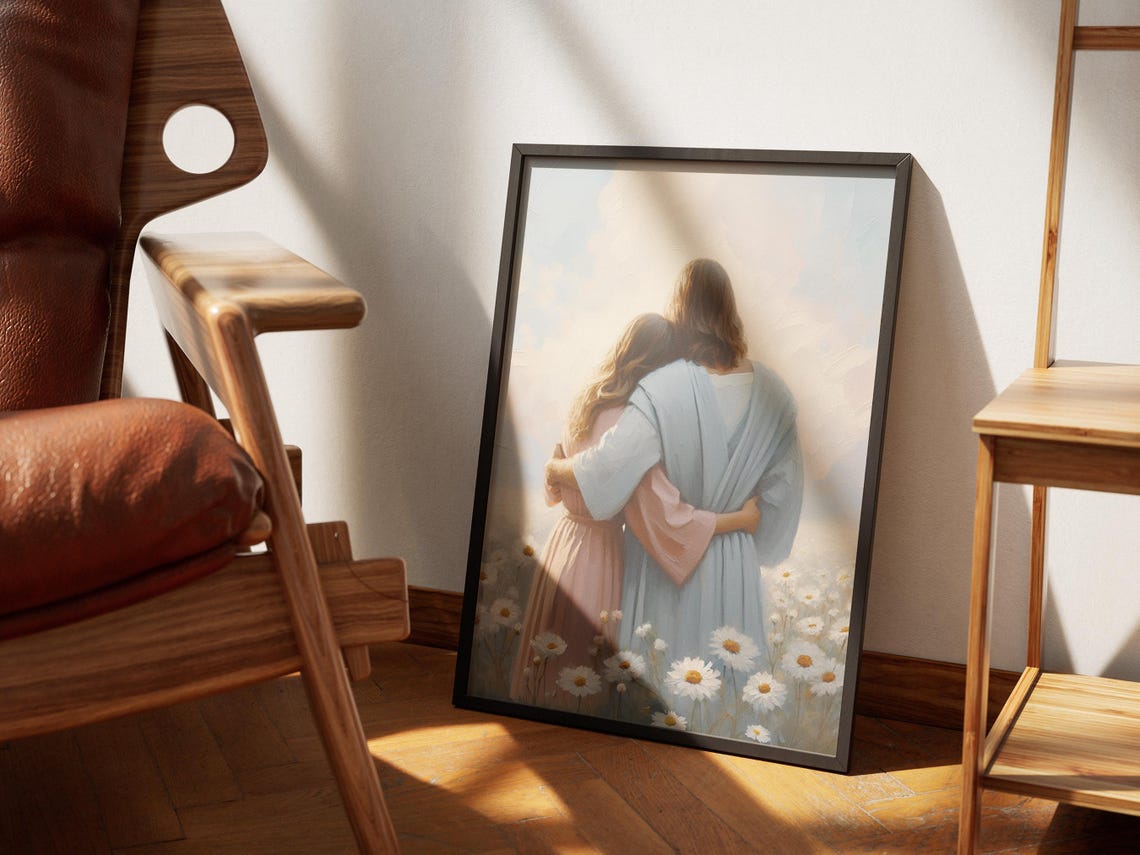 Ever Together Jesus With Woman Print Jesus Hugging Girl Jesus And Woman Wall Art Jesus With Girl Painting Modern Christian Art Lds Art - Image 2