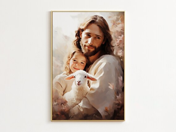 Jesus With Child and Lamb Gentle Glowing Painterly Art Poster