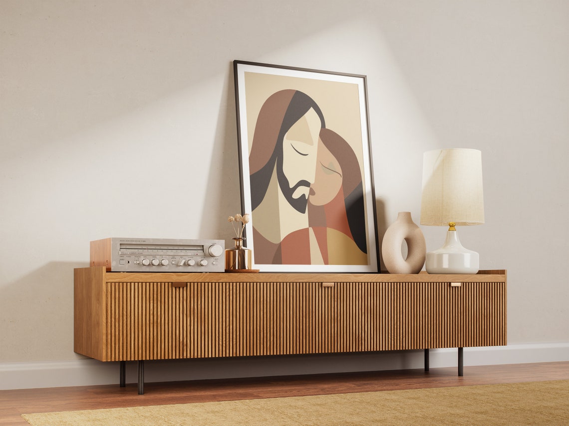 Jesus and Woman Abstract Boho Faces Painting Warm Faith Art Poster - Image 2