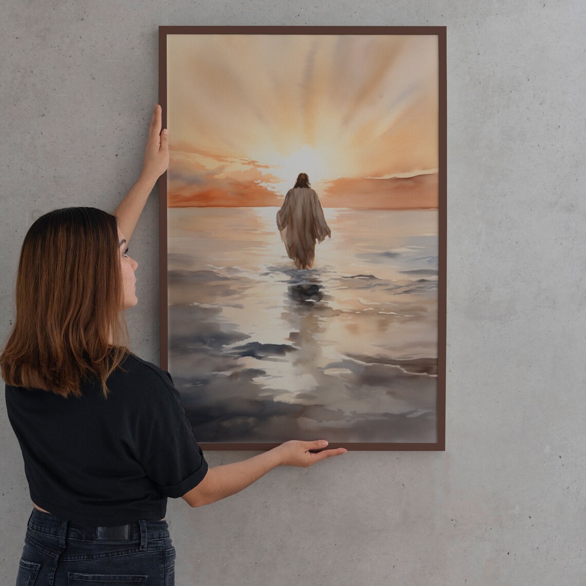Jesus Christ Walking on Water Sunrise Watercolor Christian Faith Poster - Image 2