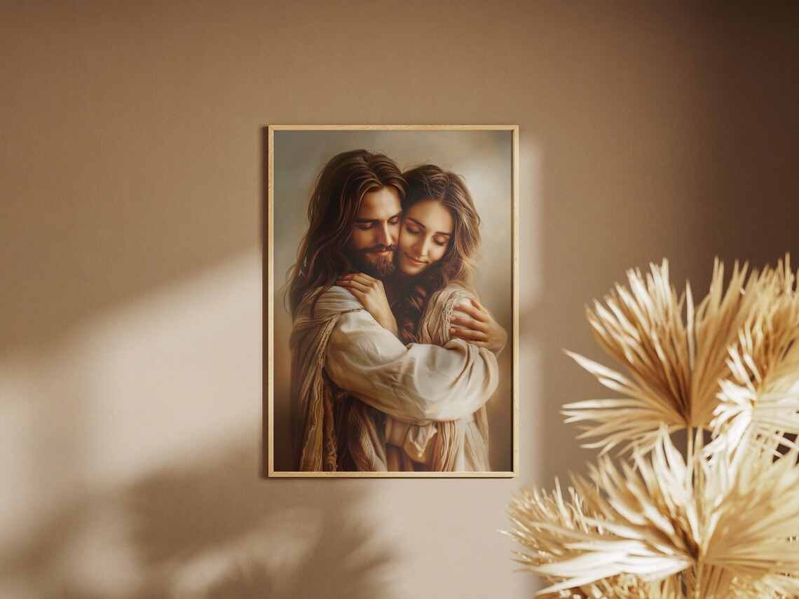 Jesus Christ Warm Embrace Woman Painting Comforting Faith Art Poster - Image 3