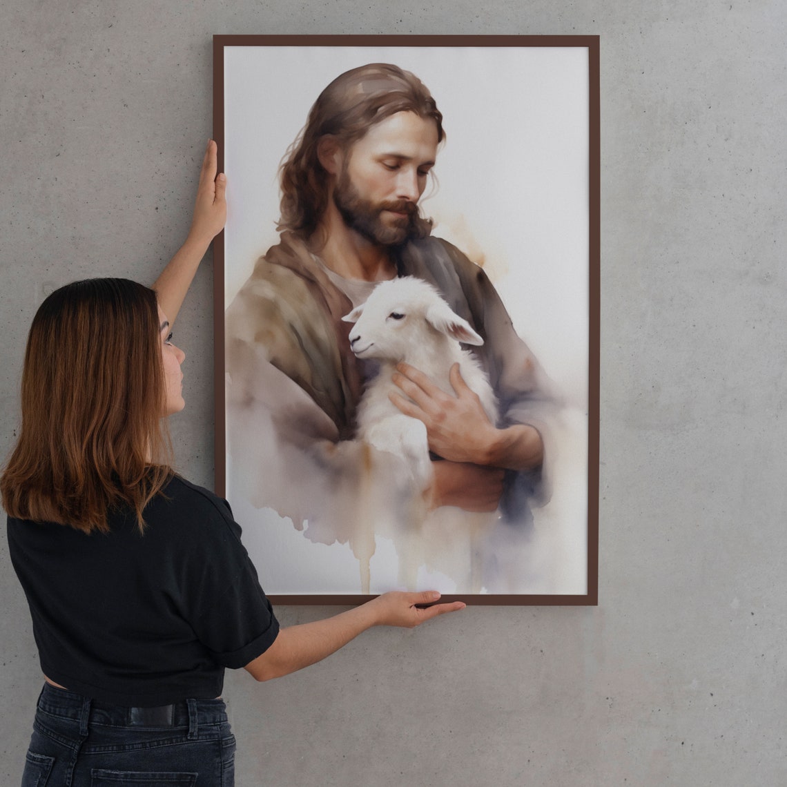 Jesus Cradling Lamb Good Shepherd Watercolor Portrait Poster - Image 2