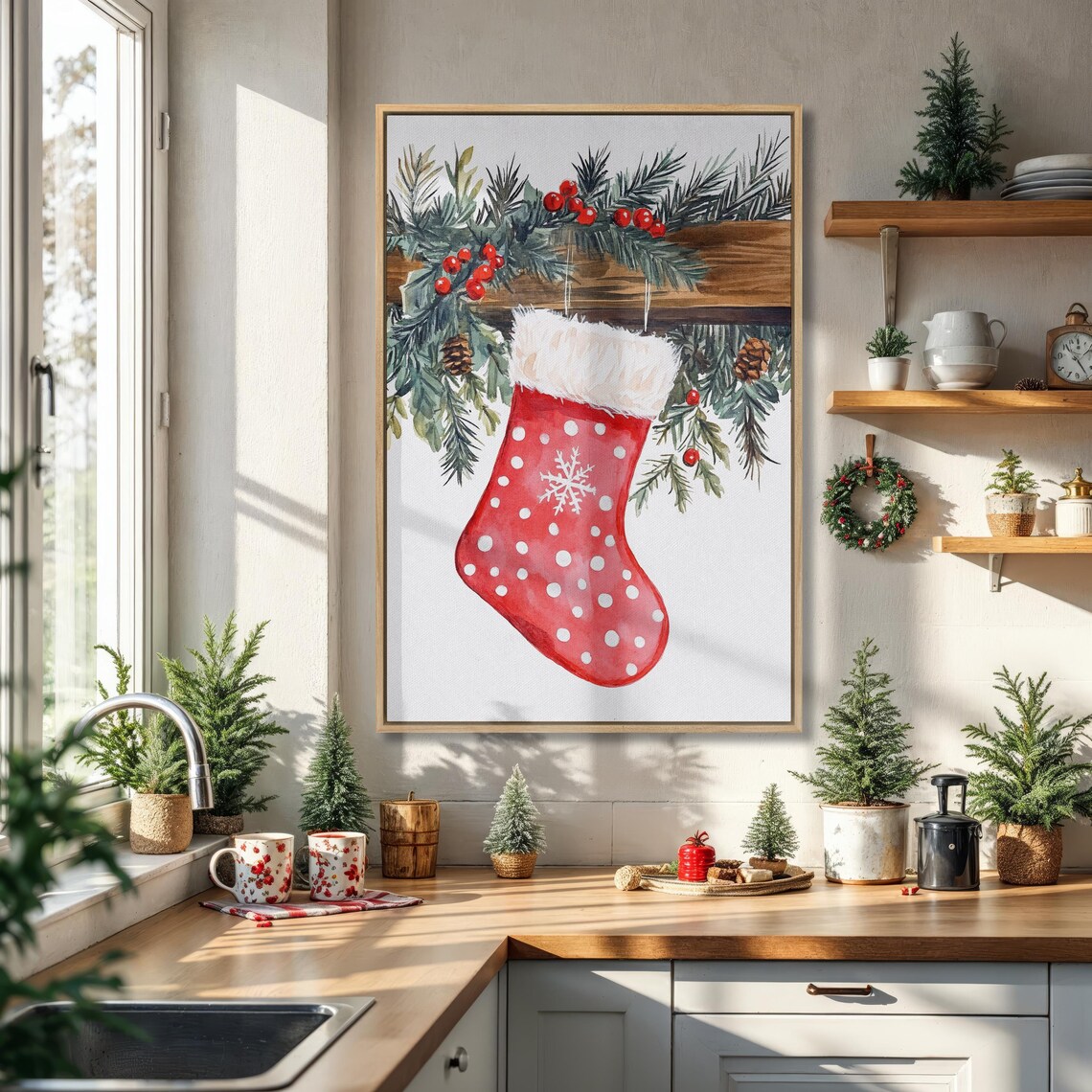 Red Polka Dot Christmas Stocking Watercolor Cozy Holiday Poster